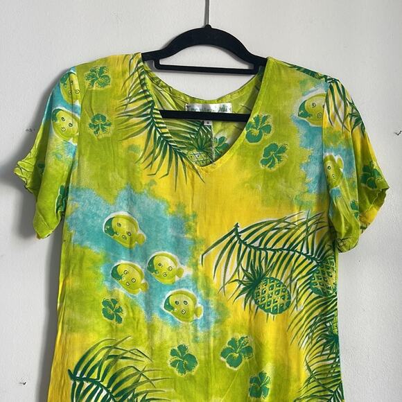 Vintage Tropical Mi Hawaiian Aloha fish print short sleeve maxi midi dress  S - Picture 2 of 6